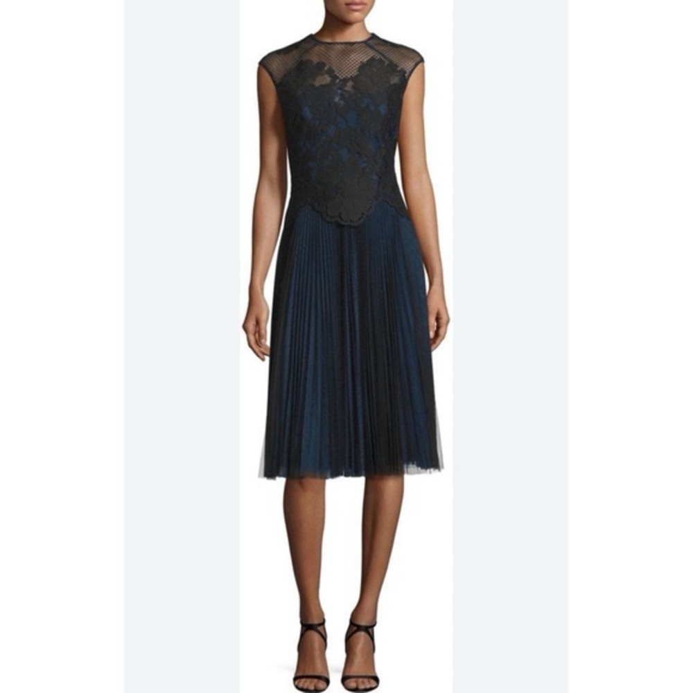 Monique Lhuillier Navy Blue & Black Mixed Lace Mesh Tulle Cocktail dress
